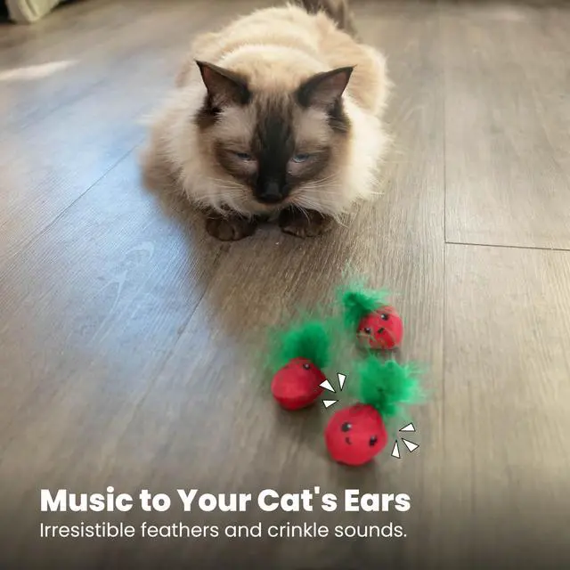 Alt view image 6 of 7 - Strawbabies 3-Pack Catnip Cat Toys for Dental Health, Feather & Crinkle Teething Toys for Kittens and Indoor Cats, Interactive Play, Pink