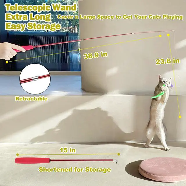 Alt view image 3 of 7 - Cat Toys for Indoor Cats, Interactive Cat Toy 2PCS Retractable Wand Toy and 9PCS Cat Feather Toys Refills, Funny Kitten Toys Cat Fishing Pole Toy for Bored Indoor Cats Chase and Exercise