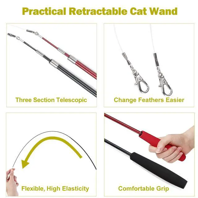 Alt view image 4 of 7 - Cat Toys for Indoor Cats, Interactive Cat Toy 2PCS Retractable Wand Toy and 9PCS Cat Feather Toys Refills, Funny Kitten Toys Cat Fishing Pole Toy for Bored Indoor Cats Chase and Exercise