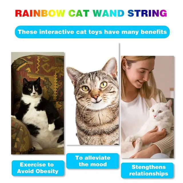 Alt view image 6 of 7 - Cat Wand Toys Interactive Kitten Toys for Indoor Cats Colorful Teaser Wand String for Exercise Kitten Stick Kitty Rope Toy Rainbow Ribbon Cat Charmer -2Pcs