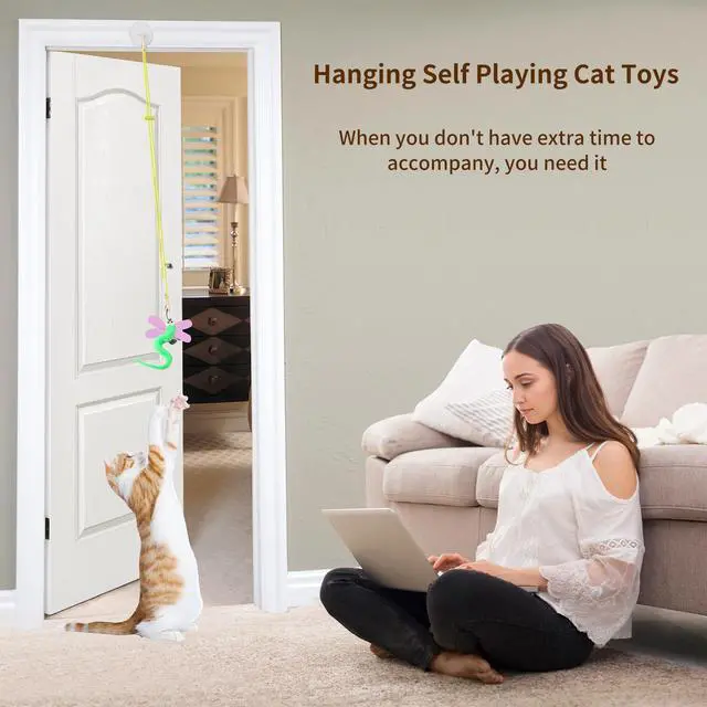 Alt view image 2 of 6 - Interactive Cat Toys, 8 Assorted Teaser Refills, 3 Indoor Cat Hanging Toy and 1 Interactive Wand Suitable for Indoor Cats