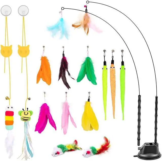 Main image of Cat Wand Toy, 15 Pcs Interactive Cat Feather Toys for Indoor Self Play & Exercise, 2 Play Modes Kitten Teaser Wand, Reusable Suction Cup Kitten Toys