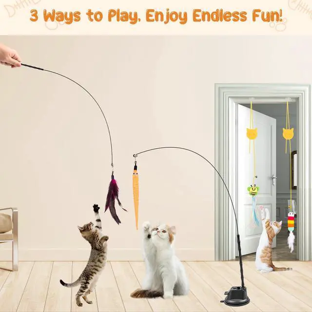 Alt view image 2 of 7 - Cat Wand Toy, 15 Pcs Interactive Cat Feather Toys for Indoor Self Play & Exercise, 2 Play Modes Kitten Teaser Wand, Reusable Suction Cup Kitten Toys