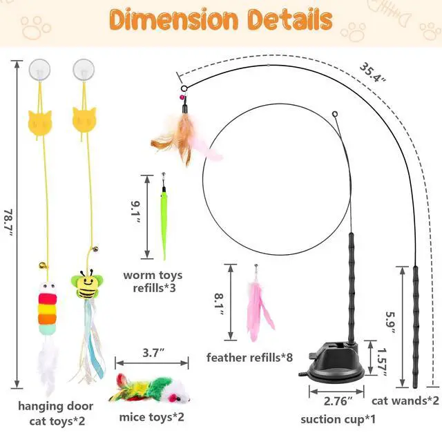 Alt view image 3 of 7 - Cat Wand Toy, 15 Pcs Interactive Cat Feather Toys for Indoor Self Play & Exercise, 2 Play Modes Kitten Teaser Wand, Reusable Suction Cup Kitten Toys
