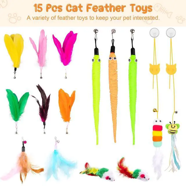 Alt view image 4 of 7 - Cat Wand Toy, 15 Pcs Interactive Cat Feather Toys for Indoor Self Play & Exercise, 2 Play Modes Kitten Teaser Wand, Reusable Suction Cup Kitten Toys