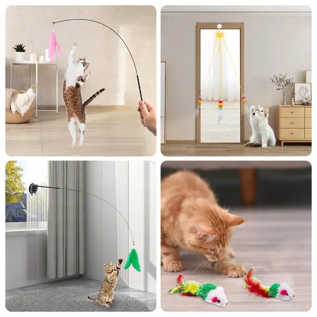 Alt view image 5 of 7 - Cat Wand Toy, 15 Pcs Interactive Cat Feather Toys for Indoor Self Play & Exercise, 2 Play Modes Kitten Teaser Wand, Reusable Suction Cup Kitten Toys