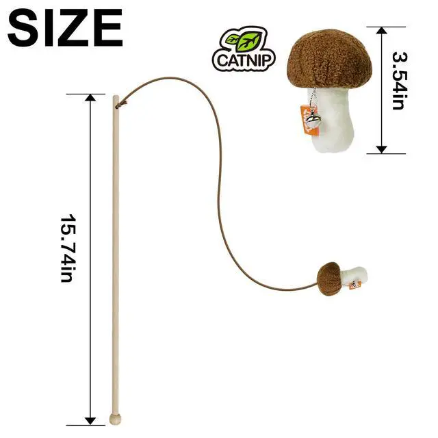 Alt view image 2 of 6 - Natural Wooden Cat Wand Toy with Catnip Plush Mushroom, Thick Unbreakable Rope Interactive Cat Teaser Stick with Bell, Indoor Kitten Boredom Relief Hunting Play Toy for Cats.