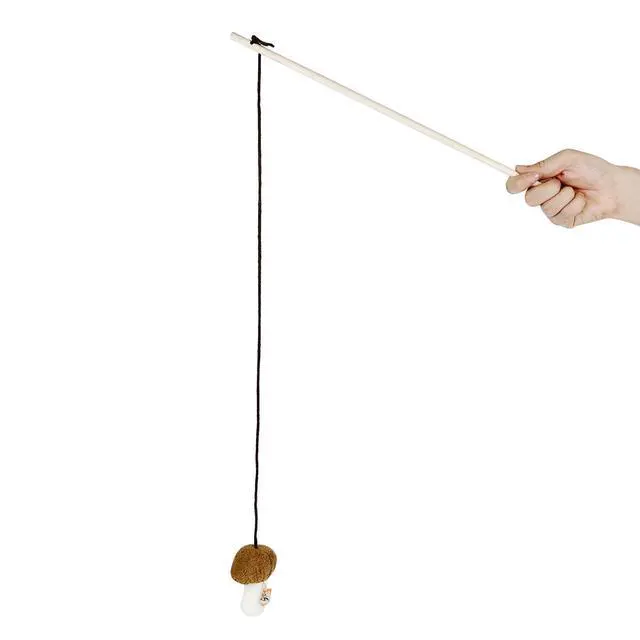 Alt view image 5 of 6 - Natural Wooden Cat Wand Toy with Catnip Plush Mushroom, Thick Unbreakable Rope Interactive Cat Teaser Stick with Bell, Indoor Kitten Boredom Relief Hunting Play Toy for Cats.