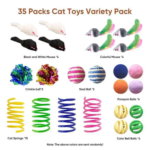 Alt view image 2 of 7 - Cat Toys for Indoor Cats, 35 Packs Interactive Cat Toys Set with Colorful Springs, Mouse Cat Toy, Crinkle, Sisal, Pompom and Color Bell Balls for Kitten Toys