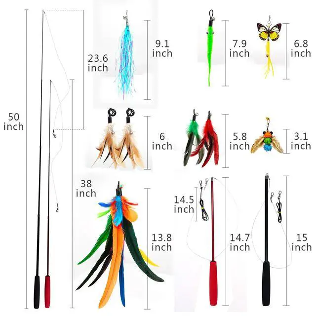 Alt view image 3 of 7 - Cat Toys Interactive for Indoor Cats, 2PCS Ultra-Long Teaser(50"+38")+9PCS Da Bird Feather Refills, Fishing Pole Toy,Retractable Cat Wand Toy and Feather Toys Refills Attachment Replacement