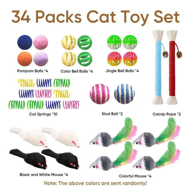 Alt view image 2 of 7 - Cat Toys for Indoor Cats, 34 Packs Interactive Cat Toy Set with Colorful Springs Toys, Mouse Toy, Catnip Ropes, Balls, Bells, and Sisal Ball for Kitten Toys