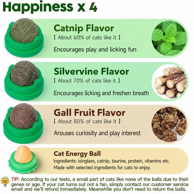 Alt view image 2 of 7 - Catnip Toys Balls 4 Pcs, Extra Cat Energy Ball, Edible Kitten Silvervine Toys for Cats Lick, Healthy Kitty Teeth Cleaning Dental Chew Toys, Cat Wall Treats (Green)