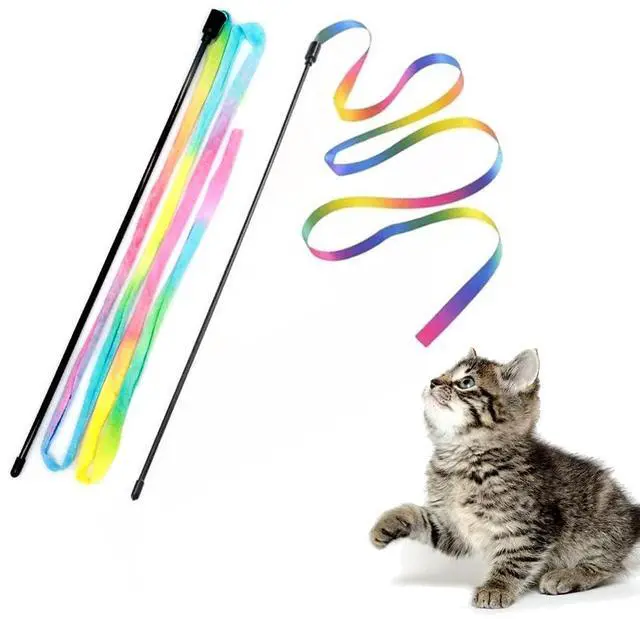 Main image of Interactive Cat Wand Toys Interactive Cat Teaser Wand String Ribbon Rainbow Charmer for Cats and Kittens - 2 Packs