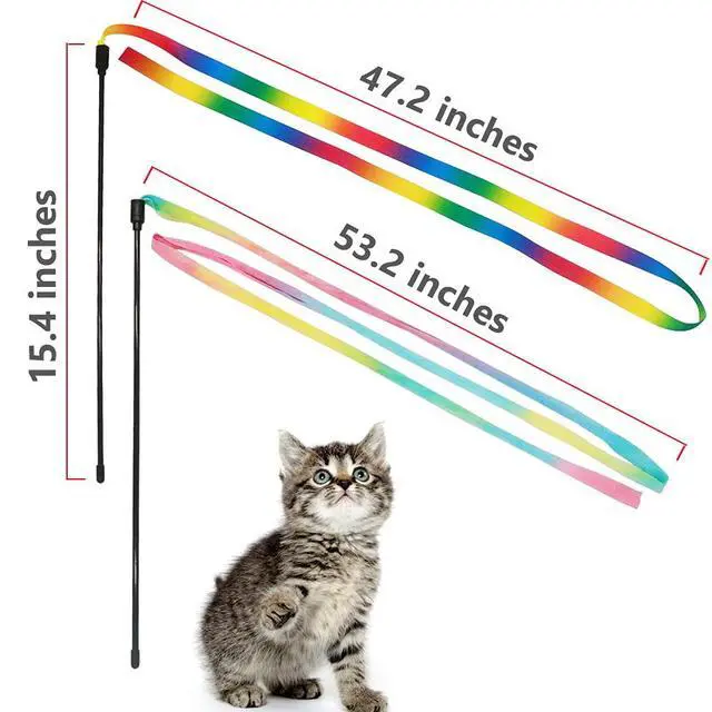 Alt view image 2 of 6 - Interactive Cat Wand Toys Interactive Cat Teaser Wand String Ribbon Rainbow Charmer for Cats and Kittens - 2 Packs
