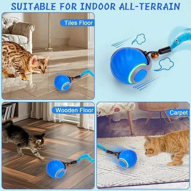Alt view image 6 of 7 - Interactive Cat Toy Ball - Automatic Interactive Cat Toys for Indoor Cats with 3 Tails, 2 Speeds Rechargeable Cat Enrichment Toys for Small/Medium/Large Cats to Keep Them Busy(Blue)