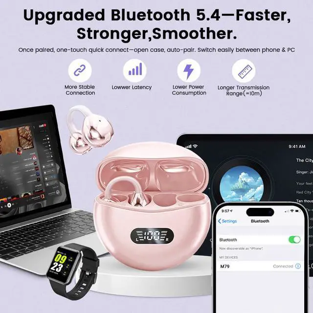 Alt view image 7 of 7 - Clip on Earbuds,Open Ear Earbuds Wireless Bluetooth 5.4, Lightweight Open Ear Headphones with Mic 60H Battery,Waterproof, for Sports, Running, Small Ears & Glasses Wearers,Workouts