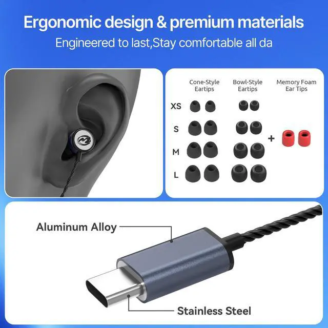 Alt view image 4 of 7 - Hi-Fi Stereo USB C Headphones,Type C in-Ear Wired Earbuds with Deep Bass and Built-in Mic,Noise Isolation Earphones with 4.9 ft Long Cord for Music Lovers,Podcasts and Calls