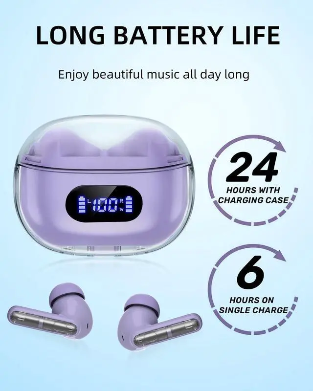 Alt view image 4 of 7 - Purple Wireless Earbuds P1 PRO, Earphones Wireless Bluetooth Headphones with Clear Call Mics Ear Buds, Comfortable Fit, IPX7 Waterproof Long Battery Life, 30H Playtime for Sports Workout
