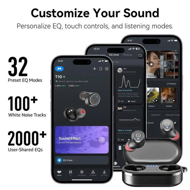 Alt view image 6 of 7 - Wireless Earbuds Bluetooth 5.3 Headphones, App Customize EQ, Ergonomic Design, 55H Playtime, Wireless Charging Case, IPX8 Waterproof Sound in-Ear Headset, New Version