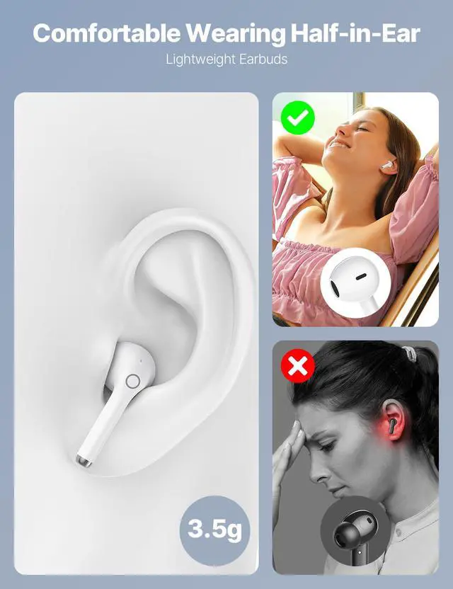Alt view image 6 of 7 - 5.3 Bluetooth Earbuds Wireless Headphones Lightweight Ears Buds Mini Semi in Ear Earphones with Microphone for Work Travel for iPhone 17 Pro Max 16 16e 15 for Android for Samsung S26 Ultra S25 Black