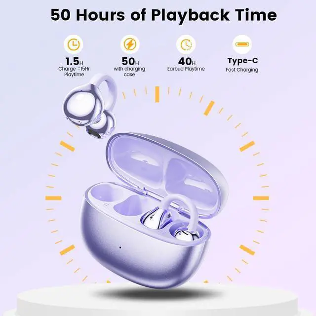Alt view image 2 of 7 - Open Ear Clip Headphones, Wireless Earbuds Bluetooth 5.4 The Over Ear Buds Earphones Built-in Mic with Ear Hooks, 36H Playtime,for iOS and Android (Purple)