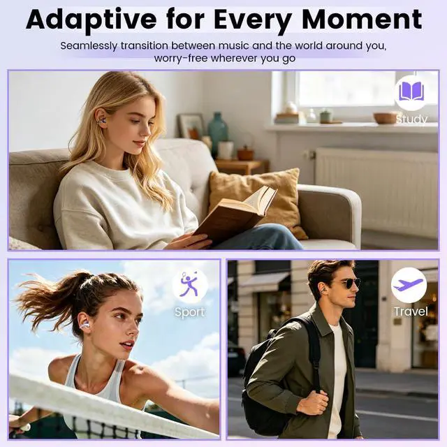 Alt view image 5 of 7 - Open Ear Clip Headphones, Wireless Earbuds Bluetooth 5.4 The Over Ear Buds Earphones Built-in Mic with Ear Hooks, 36H Playtime,for iOS and Android (Purple)
