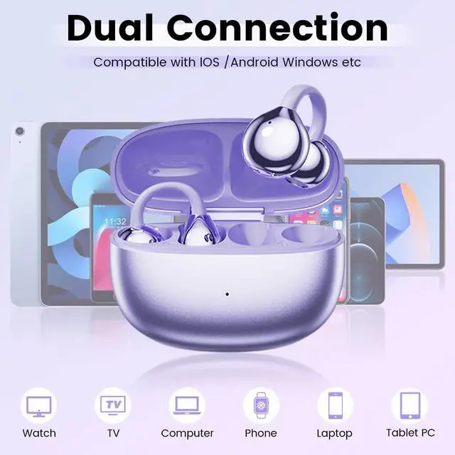 Alt view image 6 of 7 - Open Ear Clip Headphones, Wireless Earbuds Bluetooth 5.4 The Over Ear Buds Earphones Built-in Mic with Ear Hooks, 36H Playtime,for iOS and Android (Purple)