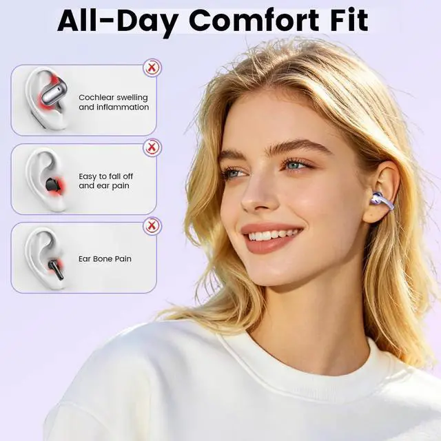 Alt view image 4 of 7 - Open Ear Clip Headphones, Wireless Earbuds Bluetooth 5.4 The Over Ear Buds Earphones Built-in Mic with Ear Hooks, 36H Playtime,for iOS and Android (Purple)