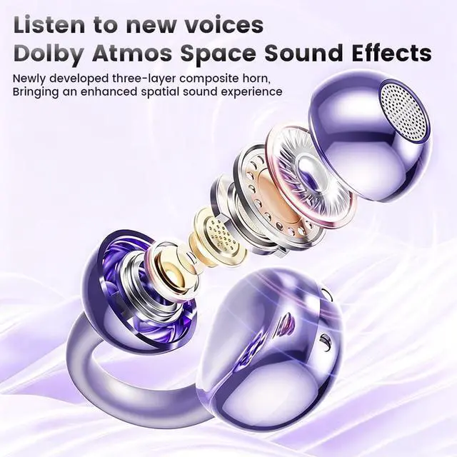 Alt view image 7 of 7 - Open Ear Clip Headphones, Wireless Earbuds Bluetooth 5.4 The Over Ear Buds Earphones Built-in Mic with Ear Hooks, 36H Playtime,for iOS and Android (Purple)