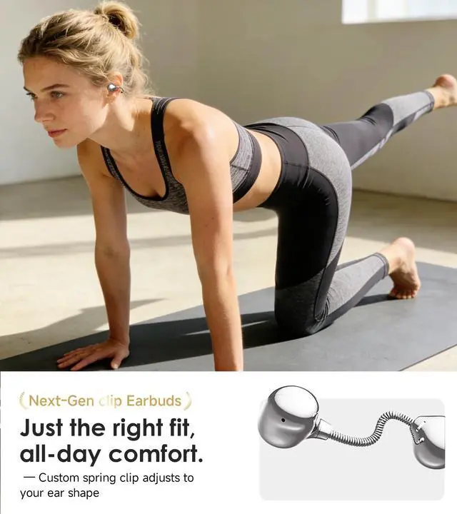 Alt view image 3 of 7 - Open-Ear Clip-On Earbuds for Running, Bluetooth 6.0 Wireless Headphones with Memory Spring, Secure Fit for Small Ears & Glasses Wearers, 45H Playtime, ENC Mic, IPX5 Waterproof (White)