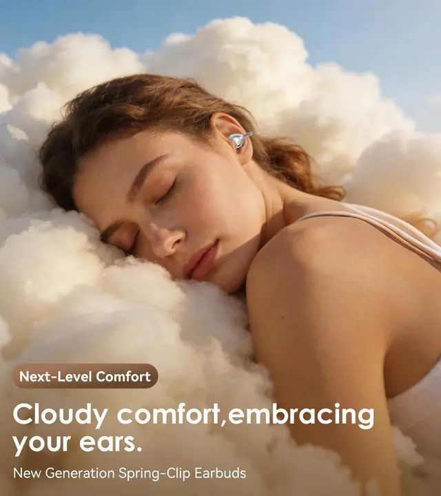 Alt view image 2 of 7 - Open-Ear Clip-On Earbuds for Running, Bluetooth 6.0 Wireless Headphones with Memory Spring, Secure Fit for Small Ears & Glasses Wearers, 45H Playtime, ENC Mic, IPX5 Waterproof (White)
