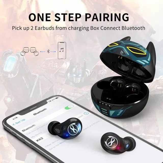 Alt view image 3 of 7 - Wireless Earbuds, Bluetooth 5.0 Stereo Headphones, in-Ear Sweat-Proof Wireless Earphones Dual Mic and Noise Reduction, Touch Control Headset with Cartoon Blue Changing Men Charging Case