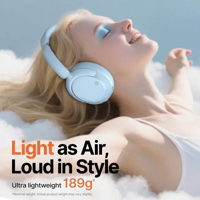 Alt view image 2 of 7 - Hyper GO Wireless Over-Ear Noise Cancelling Headphones with Mic, 60H Playtime, Bluetooth Headphones, Hi Res Audio, Deep360 Spatial Audio, Ultra-Lightweight for Travel, Work, Study (Sky Blue)