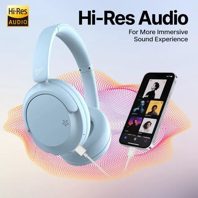 Alt view image 4 of 7 - Hyper GO Wireless Over-Ear Noise Cancelling Headphones with Mic, 60H Playtime, Bluetooth Headphones, Hi Res Audio, Deep360 Spatial Audio, Ultra-Lightweight for Travel, Work, Study (Sky Blue)