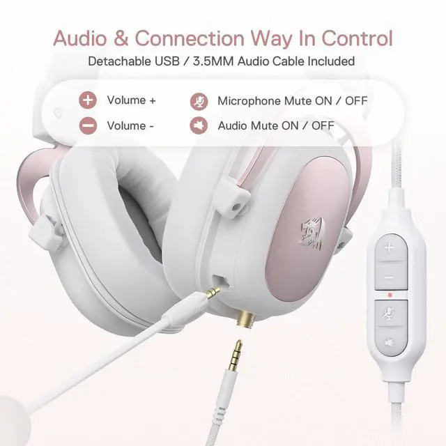 Alt view image 4 of 7 - White Wired Gaming Headset - 7.1 Surround Sound - Memory Foam Ear Pads - 53MM Drivers - Detachable Microphone - Multi Platforms for PC, PS4/3 & Xbox One/Series X, NS