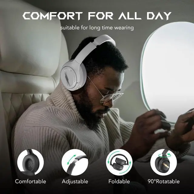 Alt view image 7 of 7 - Active Noise Cancelling Headphones, 50H Playtime Wireless Over Ear Headphones with Microphone, Bluetooth 5.4 Gaming Headsets Comfort Fit Ear Cups, 6EQ Modes via APP (White)