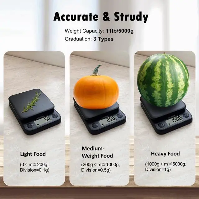 Alt view image 3 of 7 - Food Scale Kitchen Scale Weight Grams and Ounces Small Digital Scale for Weight Loss Baking Cooking Coffee, Max 11lb 0.5g Increment, LCD Smart Tare, Easy to Use for Travel, AAA Battery