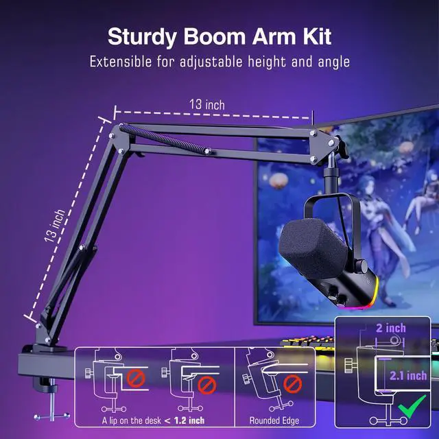 Alt view image 6 of 7 - XLR/USB Gaming Microphone Set, Dynamic PC Mic for Streaming Podcasting, Computer RGB Mic Kit with Boom Arm Stand, Mute Button, Headphones Jack, for Recording Vocal Voice-Over-AmpliGame AM8T