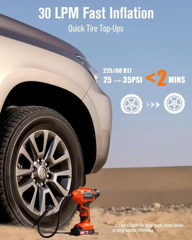 Alt view image 2 of 6 - Tire Inflator Portable Air Compressor, 20V Cordless Rechargeable Battery Tire Pump w/ 12V Car Power Adapter, Digital Pressure Gauge, Auto Air Pump for Many Inflatables (Orange)