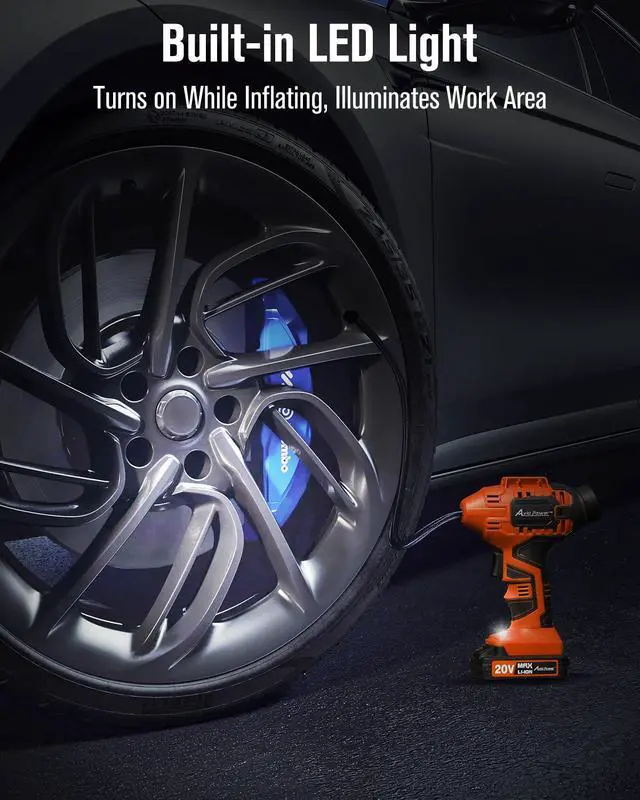 Alt view image 5 of 6 - Tire Inflator Portable Air Compressor, 20V Cordless Rechargeable Battery Tire Pump w/ 12V Car Power Adapter, Digital Pressure Gauge, Auto Air Pump for Many Inflatables (Orange)