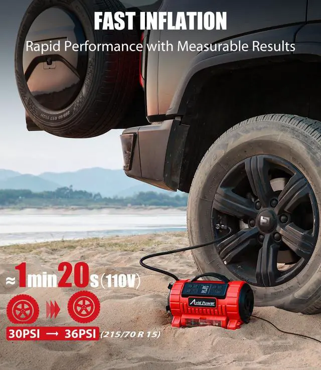 Alt view image 2 of 7 - Tire Inflator Portable Air Compressor, 12V DC/110V AC Car Tire Pump with Inflation and Deflation, 5 Preset Modes, Digital LCD Pressure Gauge for Car Tires, Air Mattress and Small Inflatable