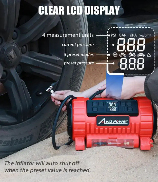 Alt view image 4 of 7 - Tire Inflator Portable Air Compressor, 12V DC/110V AC Car Tire Pump with Inflation and Deflation, 5 Preset Modes, Digital LCD Pressure Gauge for Car Tires, Air Mattress and Small Inflatable