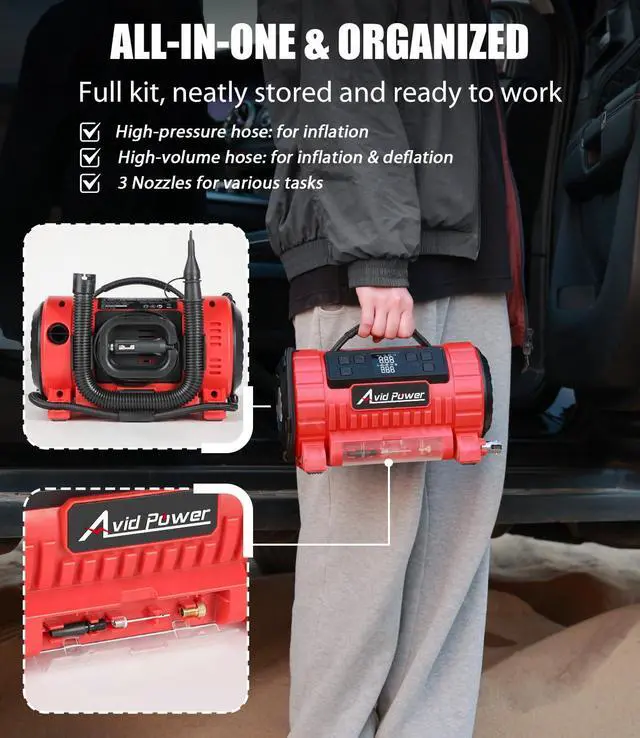 Alt view image 7 of 7 - Tire Inflator Portable Air Compressor, 12V DC/110V AC Car Tire Pump with Inflation and Deflation, 5 Preset Modes, Digital LCD Pressure Gauge for Car Tires, Air Mattress and Small Inflatable