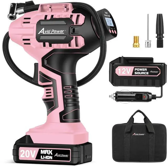Main image of Cordless Tire Inflator Air Compressor, 20V Car Tire Pump w/ 12V DC Adapter, Rechargeable Li-ion Battery Operated Tire Compressor w/Digital Pressure Gauge, for Many Inflatables (Pink)