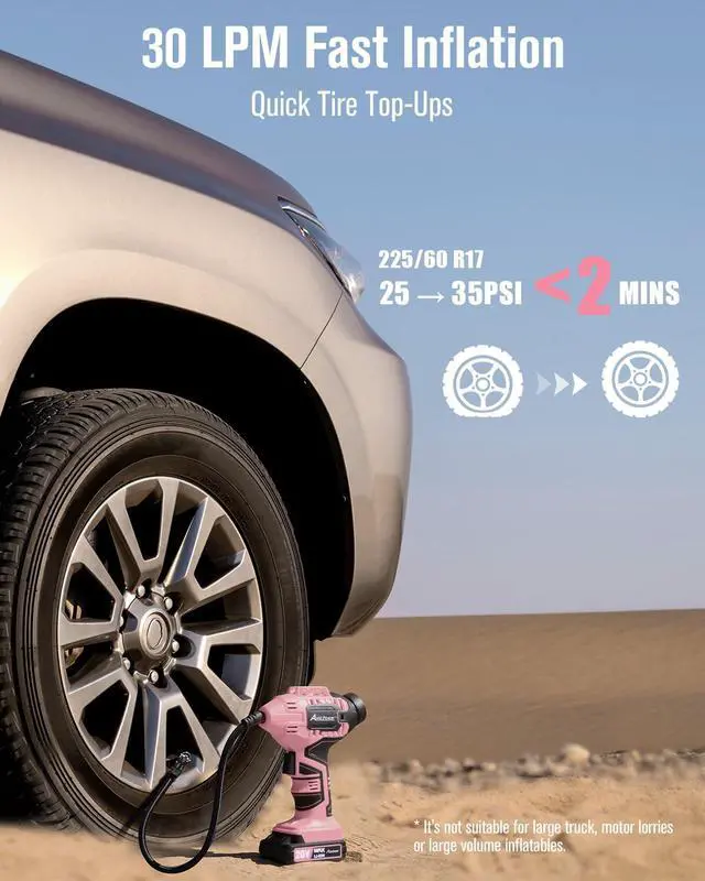 Alt view image 2 of 6 - Cordless Tire Inflator Air Compressor, 20V Car Tire Pump w/ 12V DC Adapter, Rechargeable Li-ion Battery Operated Tire Compressor w/Digital Pressure Gauge, for Many Inflatables (Pink)