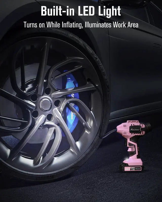 Alt view image 5 of 6 - Cordless Tire Inflator Air Compressor, 20V Car Tire Pump w/ 12V DC Adapter, Rechargeable Li-ion Battery Operated Tire Compressor w/Digital Pressure Gauge, for Many Inflatables (Pink)