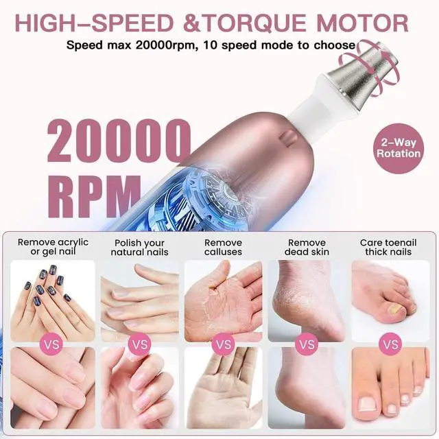 Alt view image 2 of 7 - Electric Nail File Set, 9 in 1 Professional Manicure and Pedicure Kit, Cordless Nail Drill for Feet, LCD Display 10 Speeds Electric Nail Drill Machine, Hand Foot Care Tool