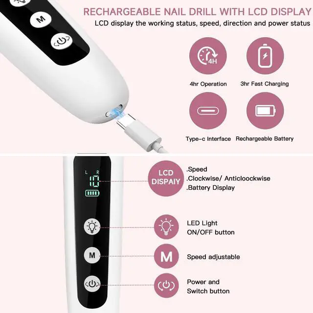 Alt view image 3 of 7 - Electric Nail File Set, 9 in 1 Professional Manicure and Pedicure Kit, Cordless Nail Drill for Feet, LCD Display 10 Speeds Electric Nail Drill Machine, Hand Foot Care Tool