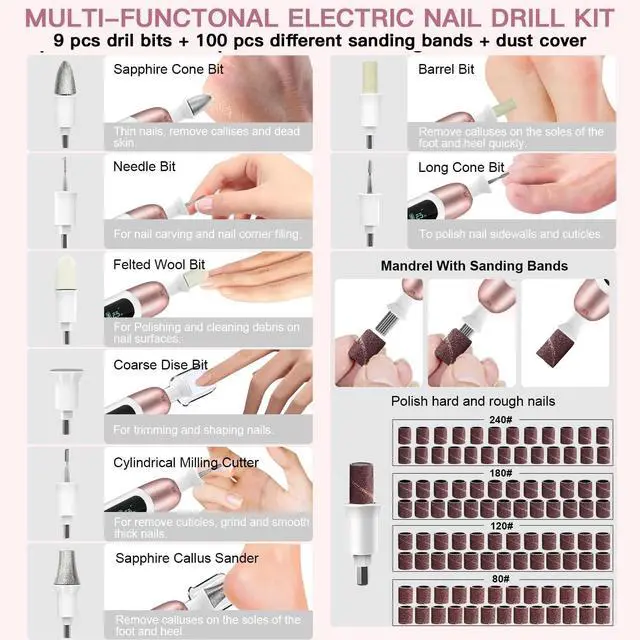 Alt view image 7 of 7 - Electric Nail File Set, 9 in 1 Professional Manicure and Pedicure Kit, Cordless Nail Drill for Feet, LCD Display 10 Speeds Electric Nail Drill Machine, Hand Foot Care Tool