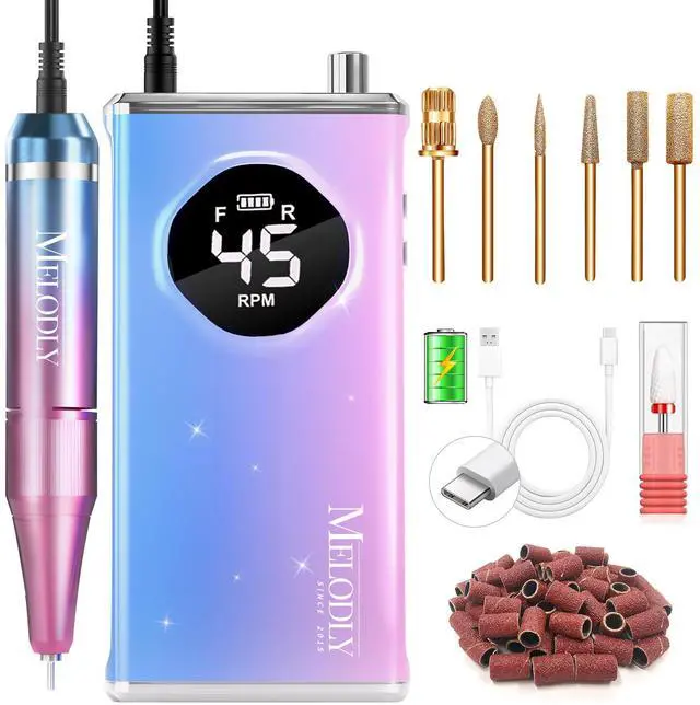 Main image of Electric Nail Drill File Professional 45000 RPM, Melodly Rechargeable Electric Nail File Machine Kit for Acrylic Gel Nails Polishing Removing, Portable Cordless Efile with Gold Bits Kit at Salon Home